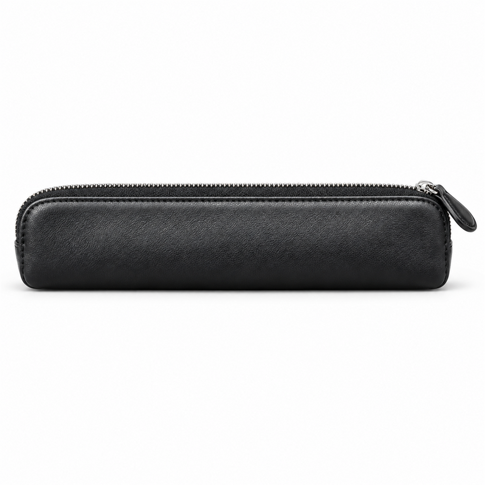 Front view of the SN005 black zip pencil case with a slim shape and silver-tone zipper teeth.