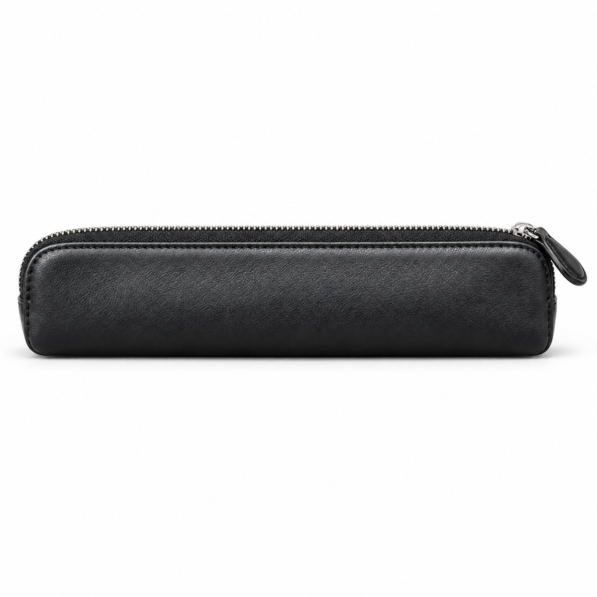 Front view of the SN005 black zip pencil case with a slim shape and silver-tone zipper teeth.
