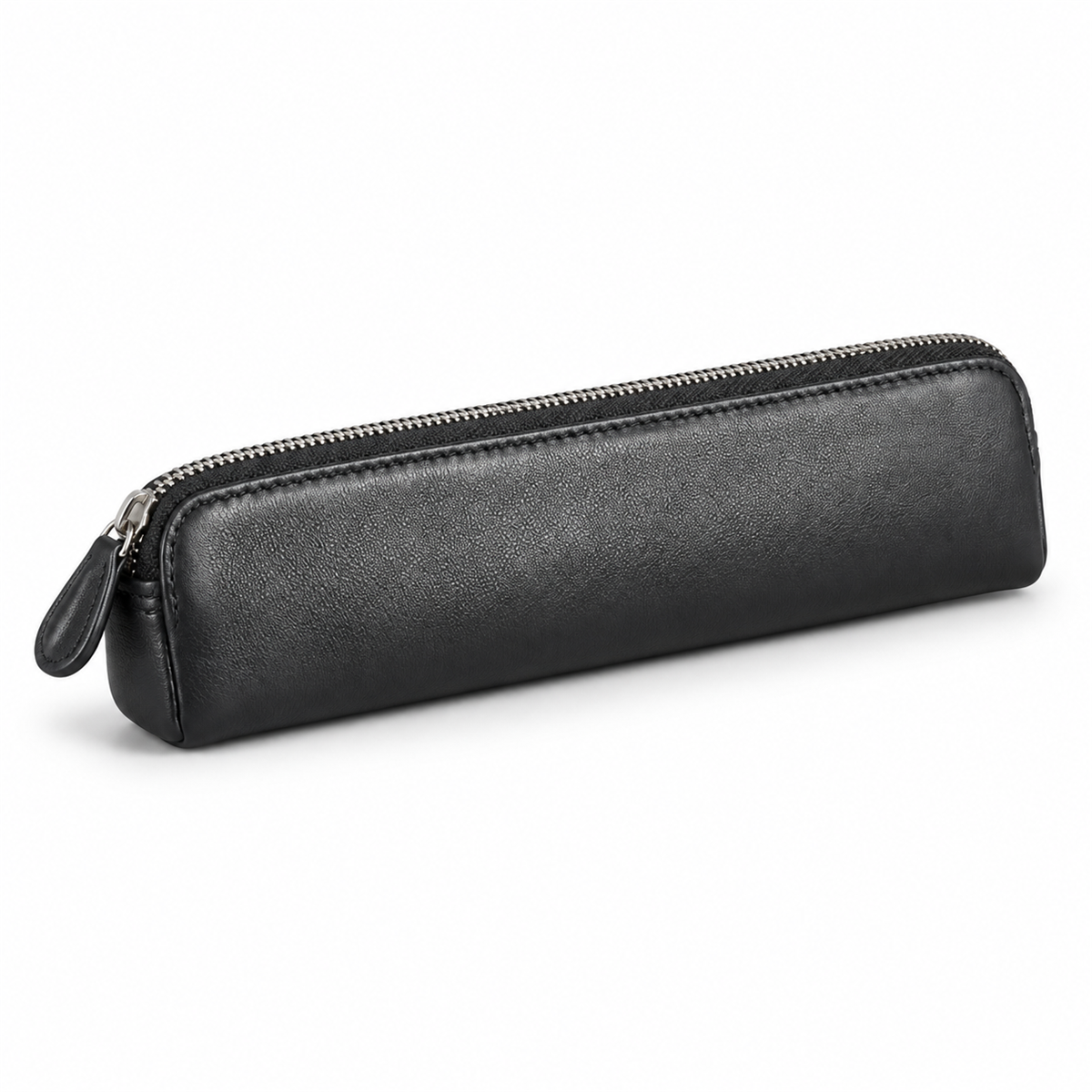 Angled view of the SN005 black pencil case showing its rounded end, zip closure and pull tab.