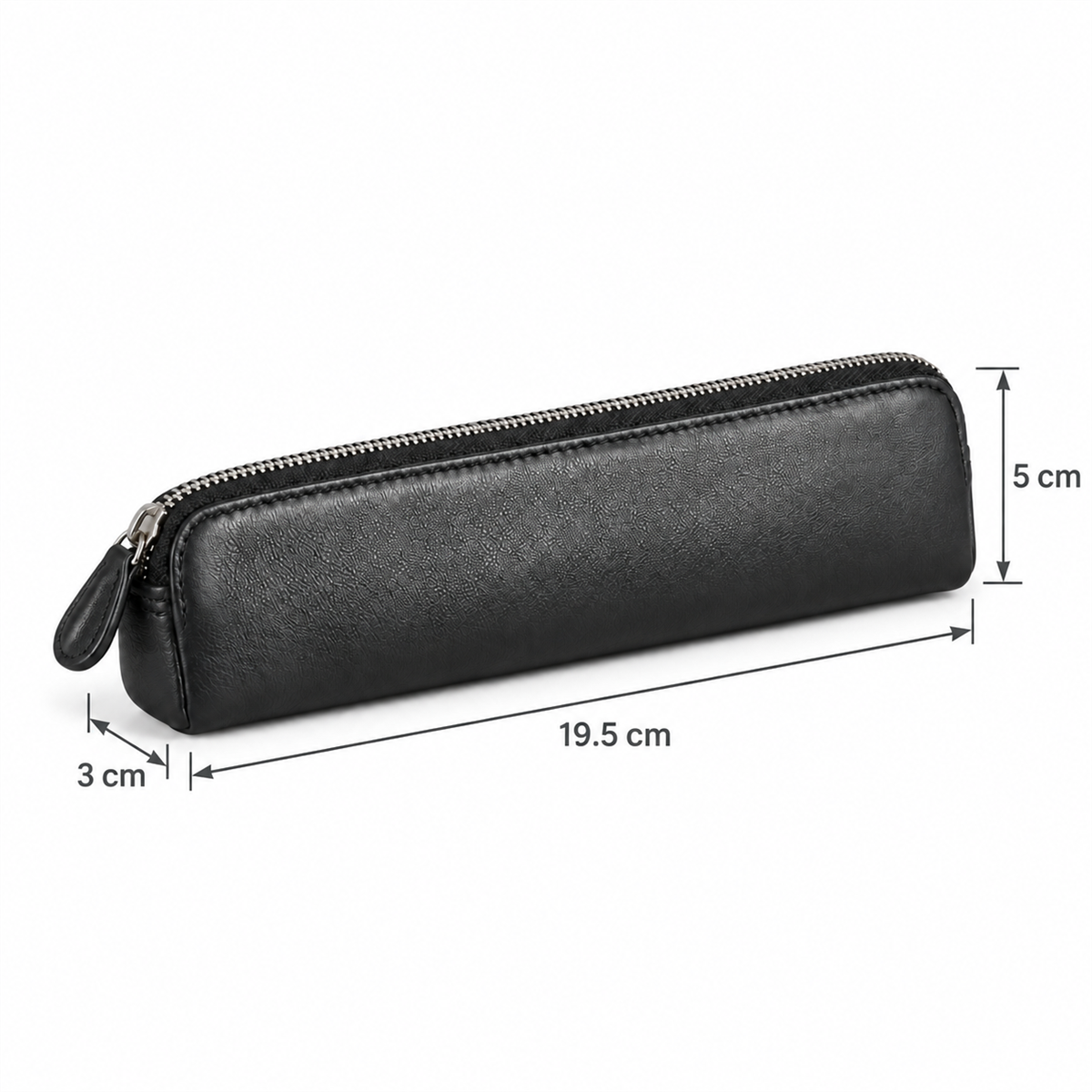SN005 black pencil case size diagram labeled 19.5 cm long, 5 cm high and 3 cm deep.