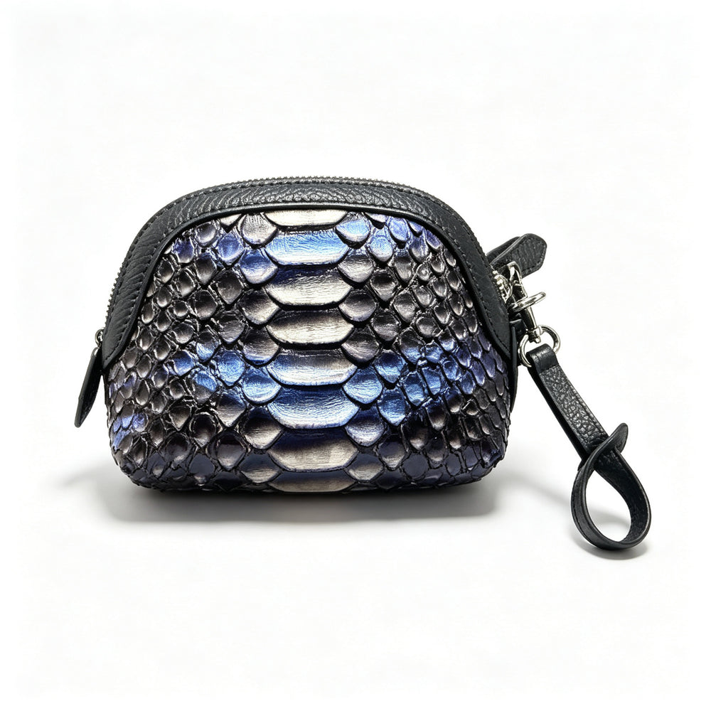Blue and silver snake-pattern coin purse with a curved zipper, black trim and wrist strap.