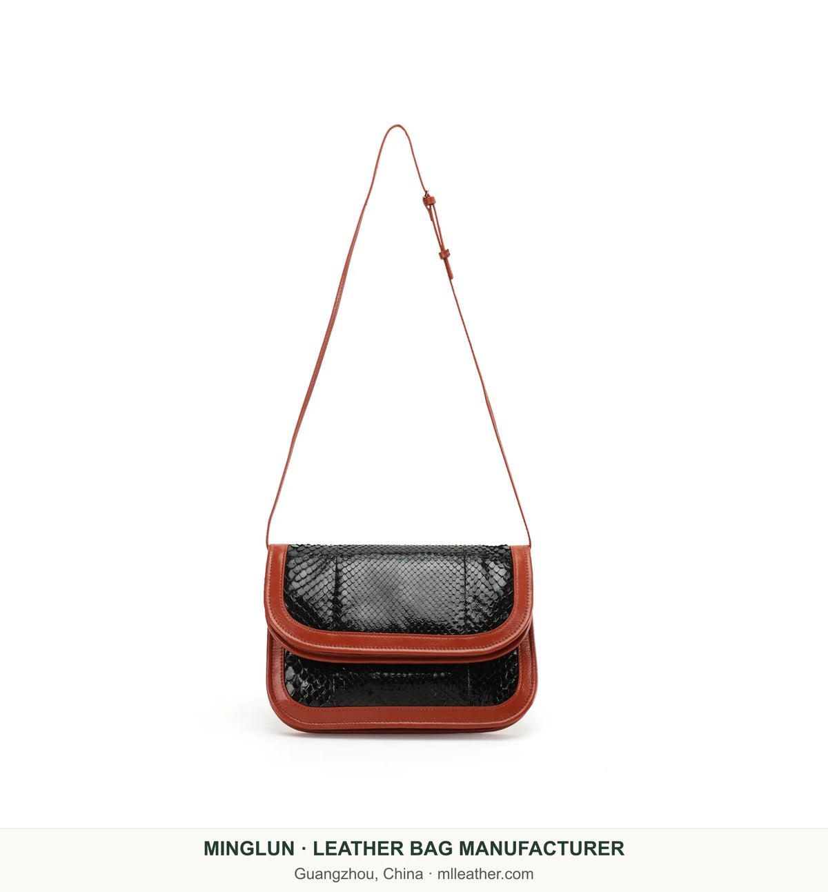 Black snakeskin crossbody bag with brown trim and long strap. MINGLUN manufacturer watermark at the bottom.