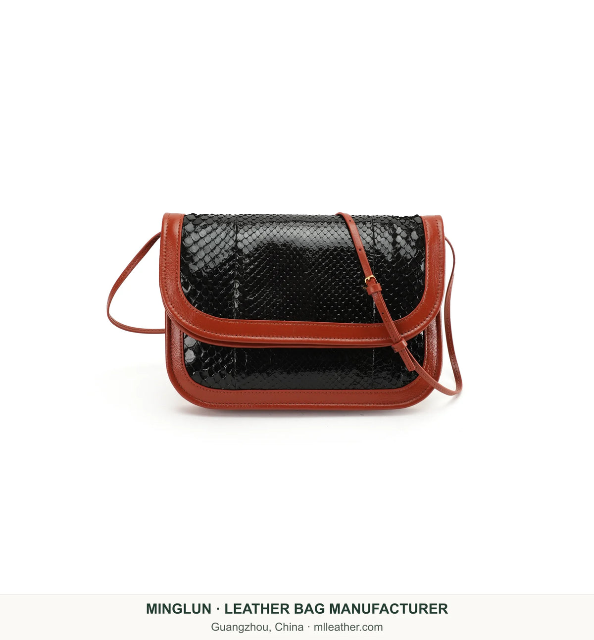 Front view of black snakeskin flap bag with brown trim. MINGLUN manufacturer watermark at the bottom.