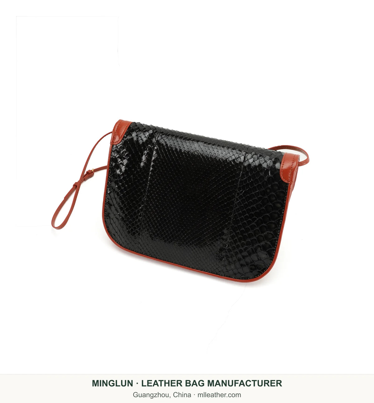 Rear view of black snakeskin bag with brown trim. MINGLUN manufacturer watermark at the bottom.