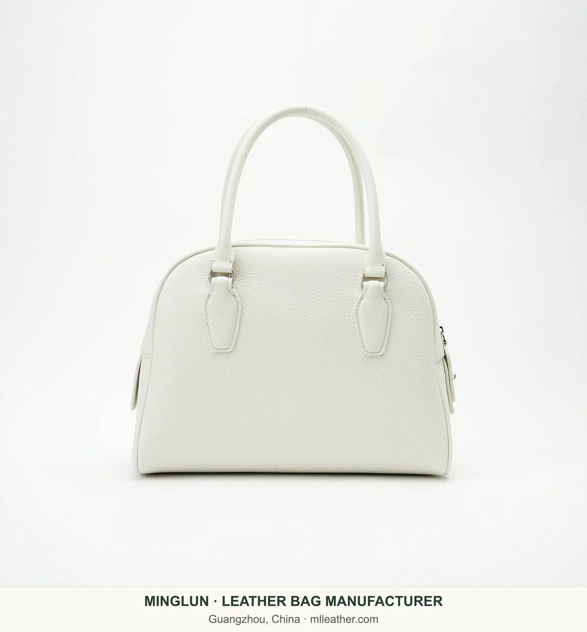 Ivory top-grain cowhide bowling bag with twin handles, front view. MINGLUN manufacturer watermark at the bottom.