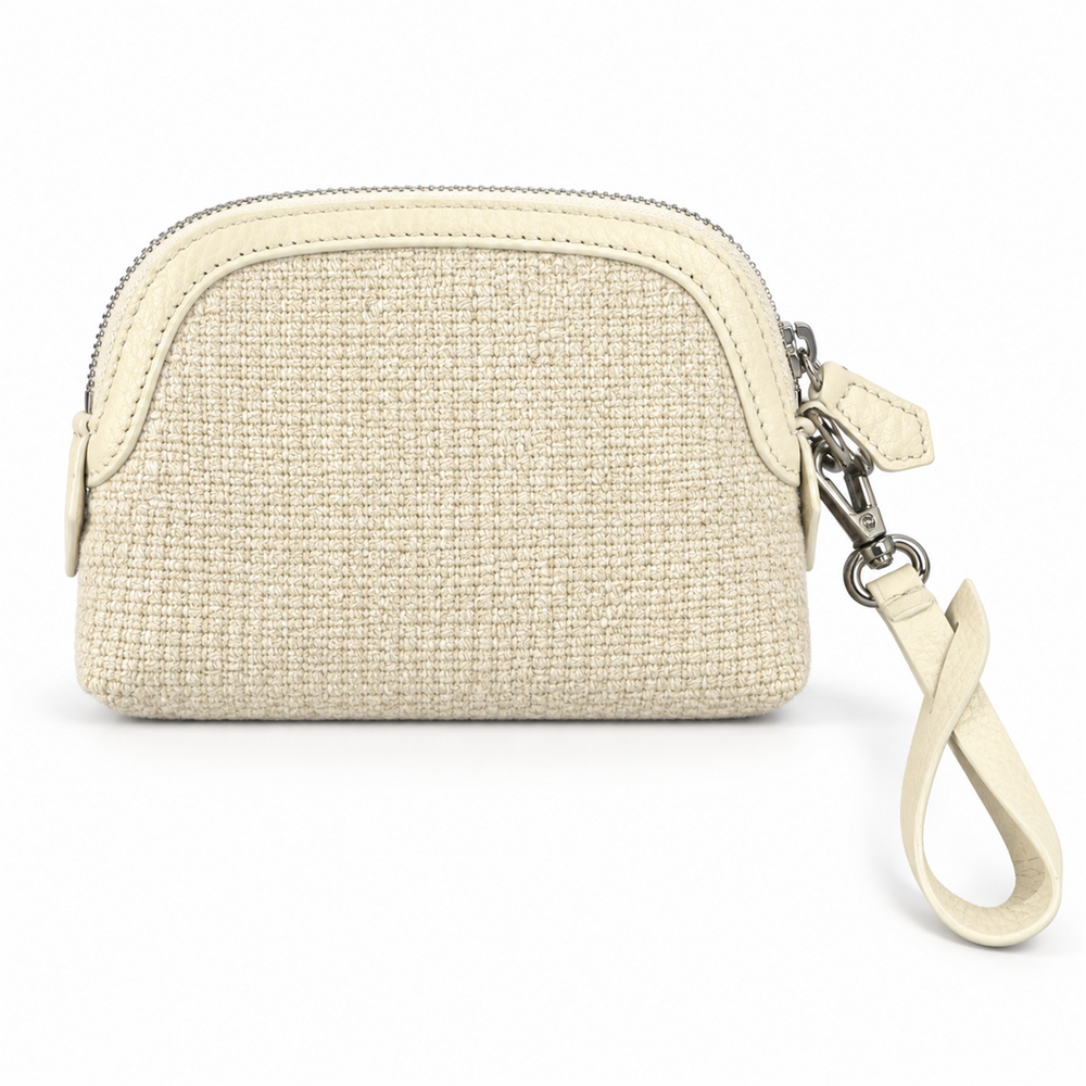 AI-assisted illustration: front view of a cream woven coin purse with light trim, a top zipper and a clip-on wrist strap.