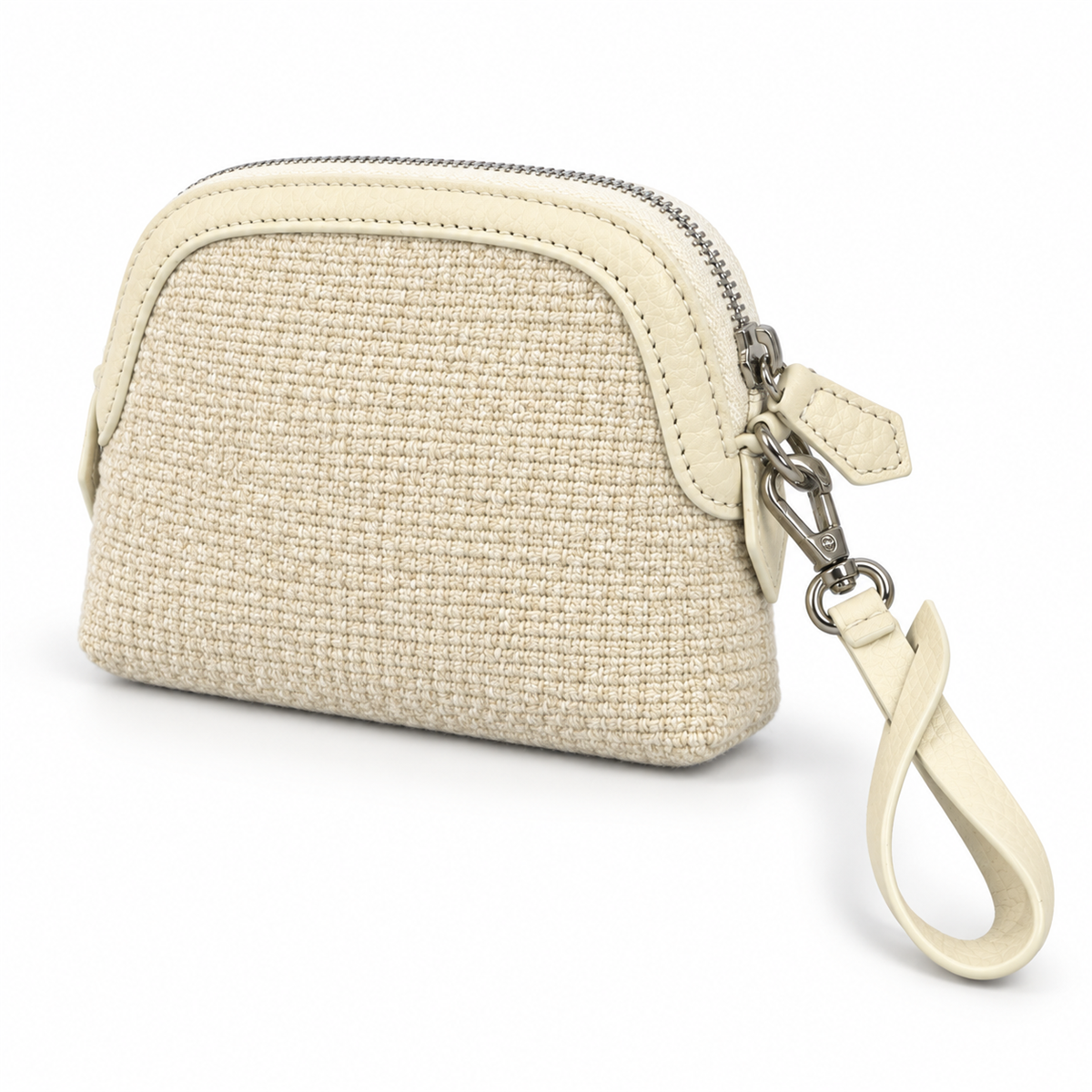AI-assisted illustration: angled view of the cream woven coin purse showing its side depth, zip closure and wrist strap.