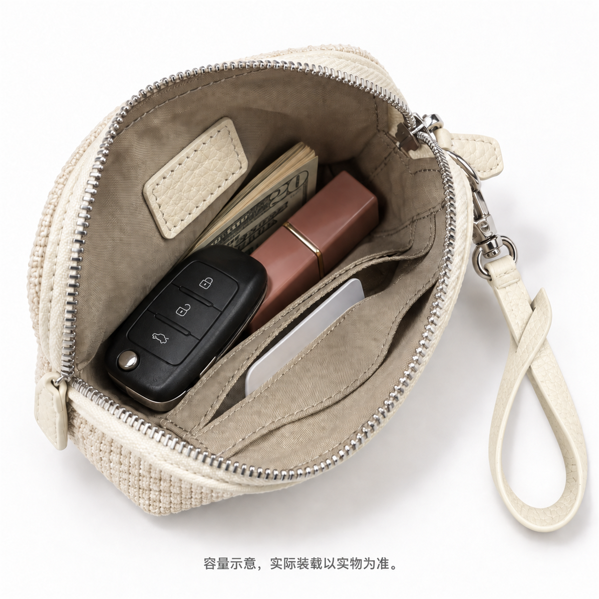 Illustrative open coin purse with folded banknotes, a car key fob, lipstick and a card in an inner pocket.