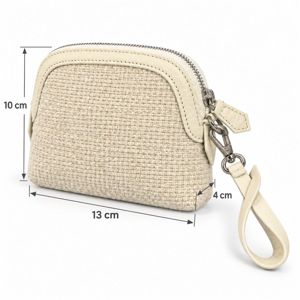 AI-assisted illustration: illustrative coin purse size diagram labeled 13 cm wide, 10 cm high and 4 cm deep.